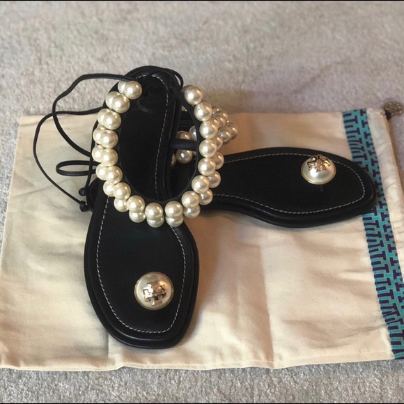 Tory Burch Shoes - Tory Burch Black Sandals with Pearl Accents